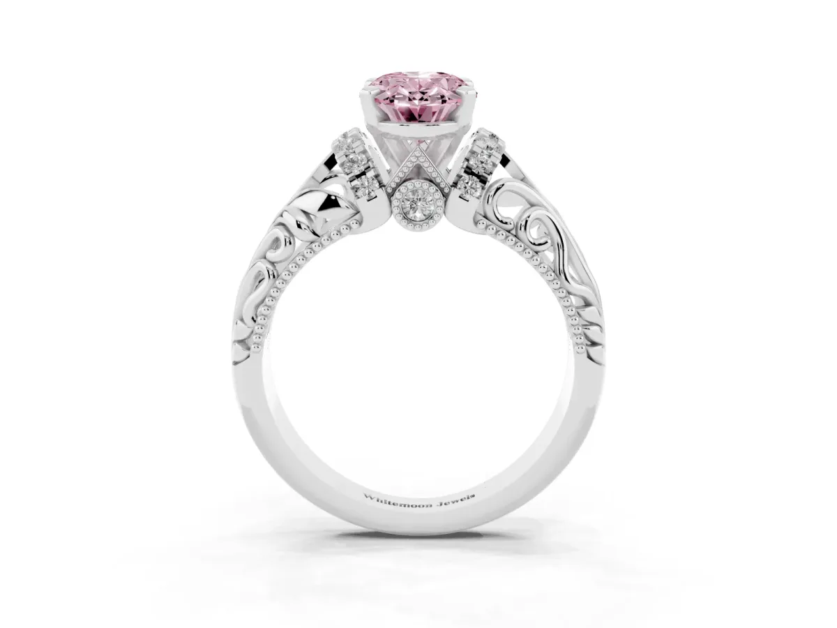 Fancy Pink Oval Cut Solitaire Filigree Engagement Ring with Halo and Prong Setting White gold