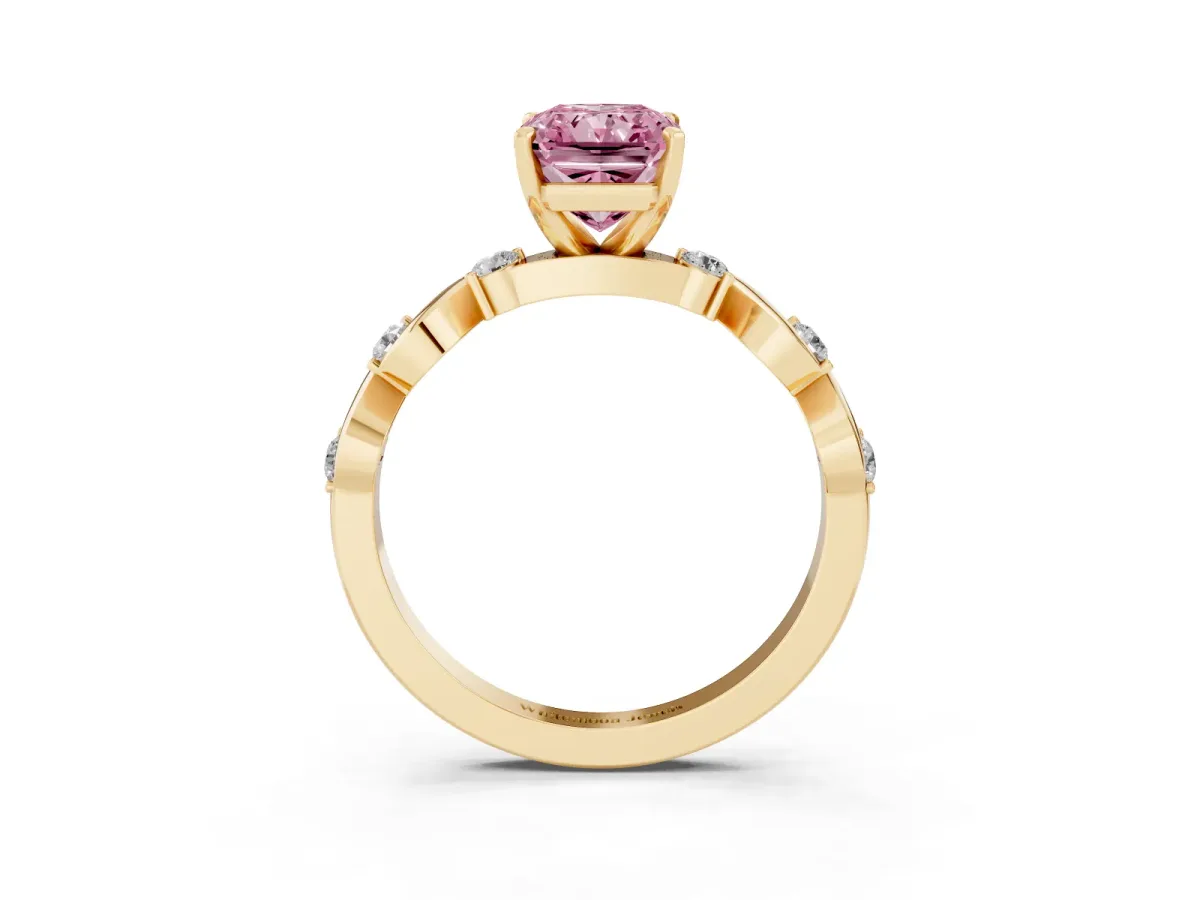 Fancy Pink Radiant Cut Diamond Solitaire Twisted Band with Round Accents and Prong Setting Yellow gold