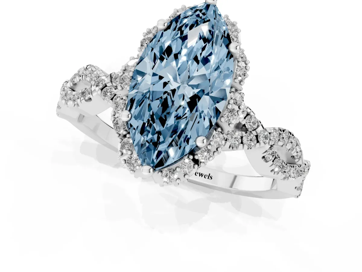 Fancy Blue Marquise Cut Halo Twist Band Solitaire Ring with Six-Prong Setting Silver