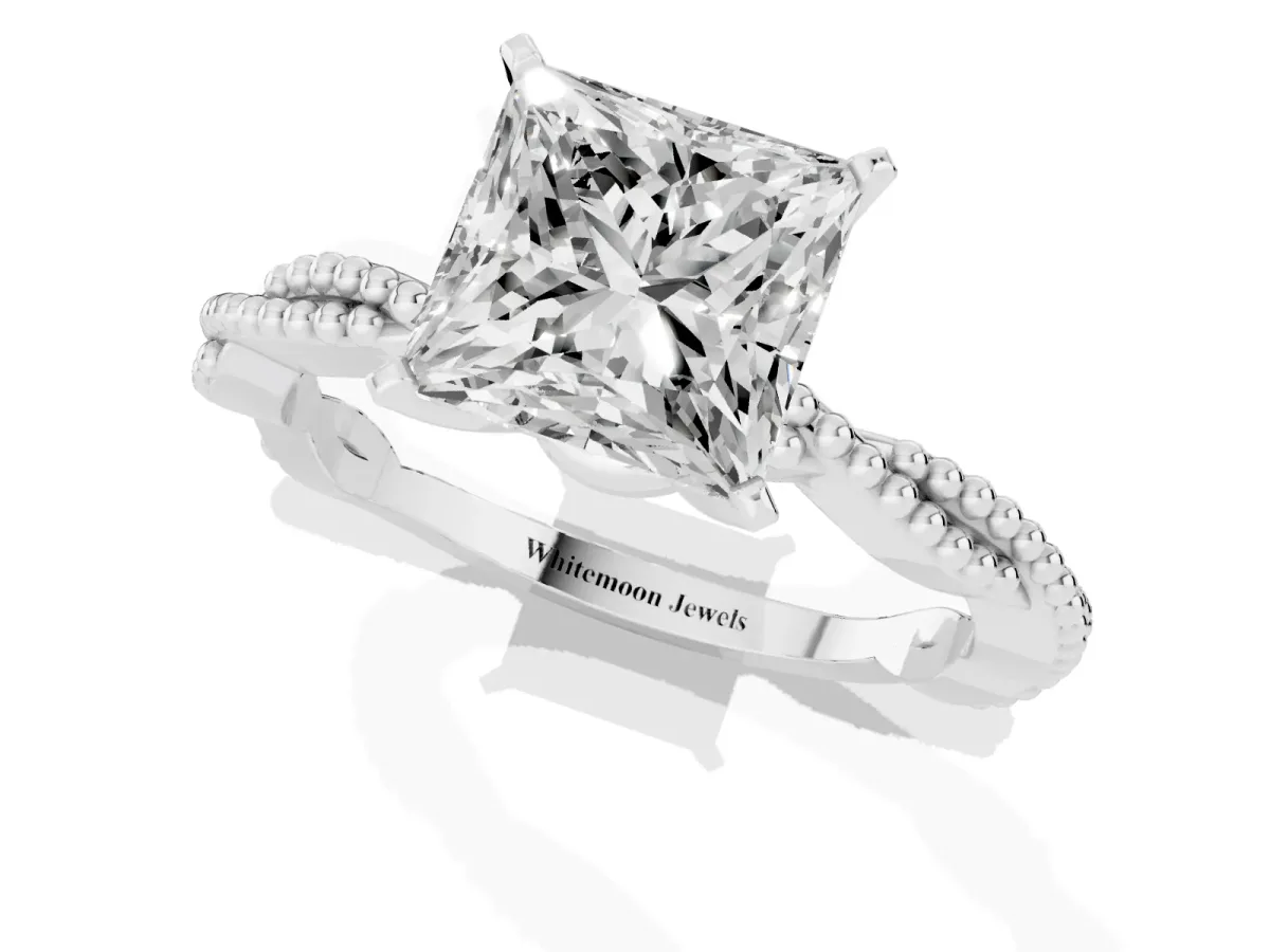 Princess Cut Solitaire Twisted Band with Bead Prong Setting Platinum