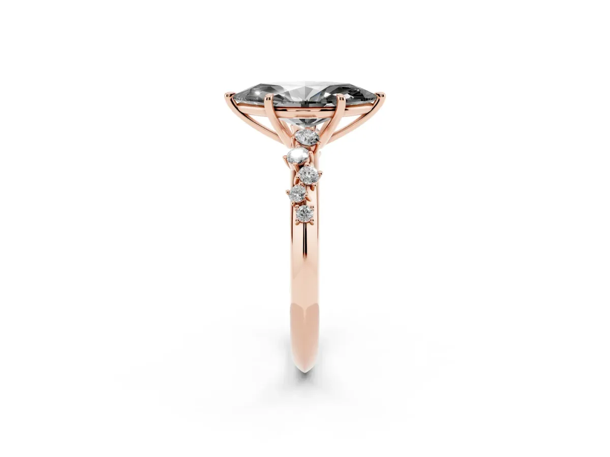 Fancy Black Marquise Cut Diamond Cluster Side Stone Solitaire Ring with Prong Setting Rose gold
