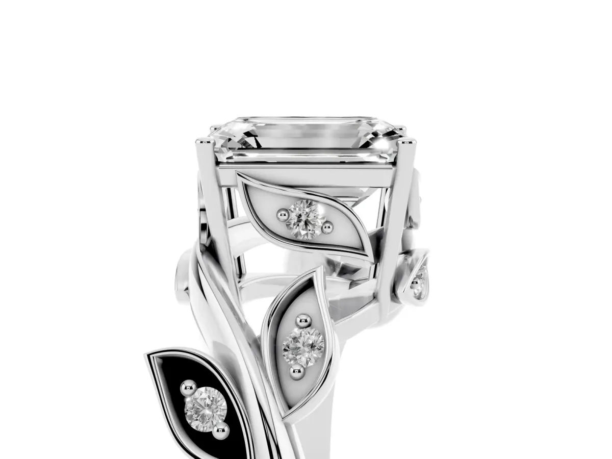 Emerald Cut Solitaire Twist Engagement Ring with Leaf Accents and Prong Setting Silver