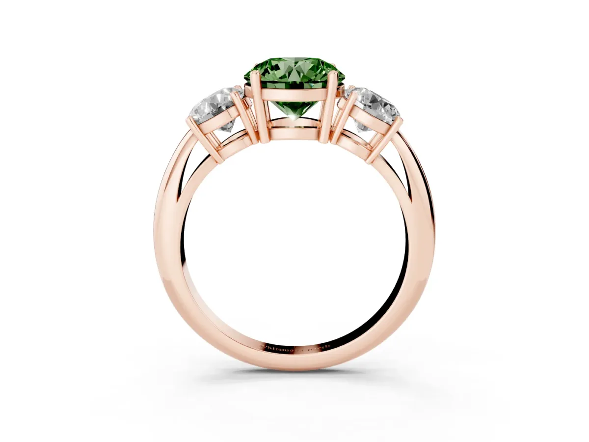 Fancy Green Three-Stone Round Cut Cut Diamond Engagement Ring with Prong Setting on a White Gold Band Rose gold
