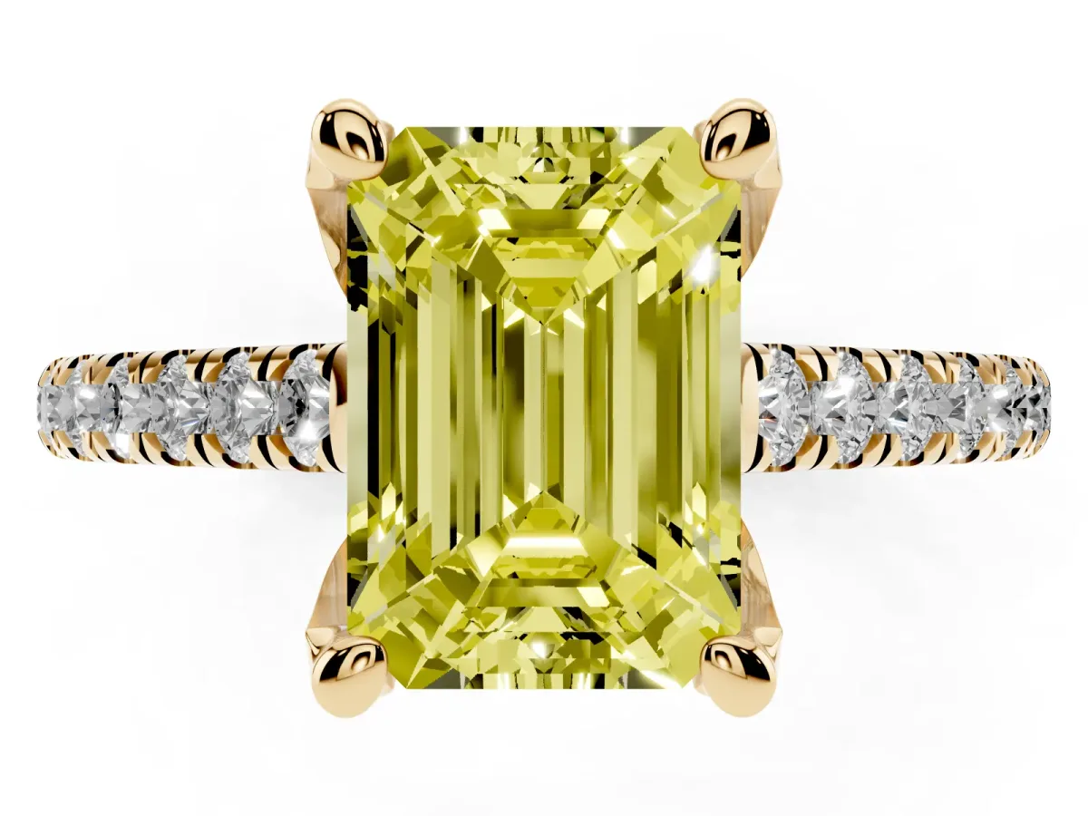 Fancy Yellow Emerald Cut Brilliant Diamond Solitaire with Pavé Band and Four-Prong Setting Yellow gold