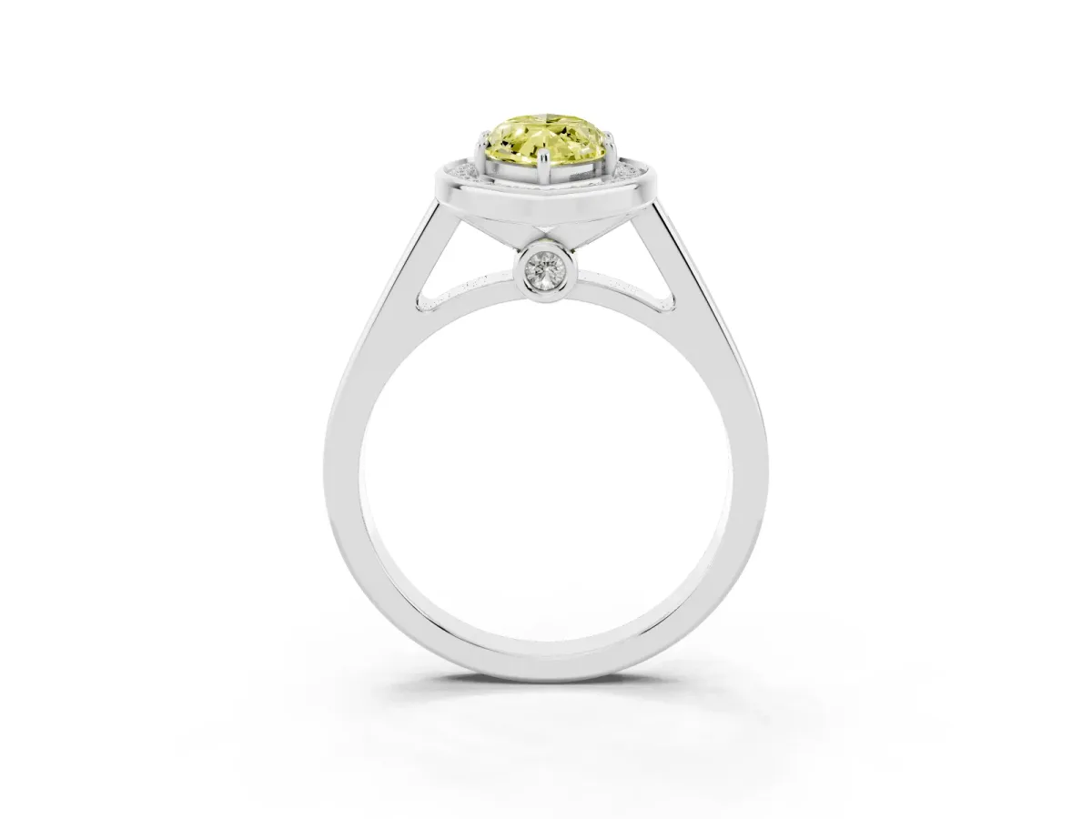 Fancy Yellow Marquise Cut Halo Solitaire Diamond Ring with Pave Band and Bezel Setting White gold