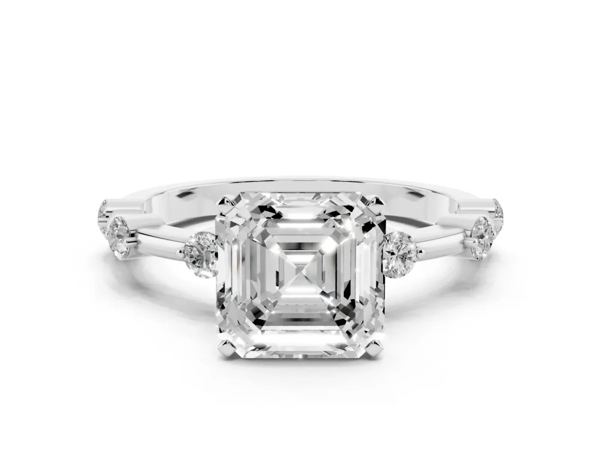 Asscher Cut Solitaire Diamond Ring with Bezel Set Side Stones and Prong Setting Platinum