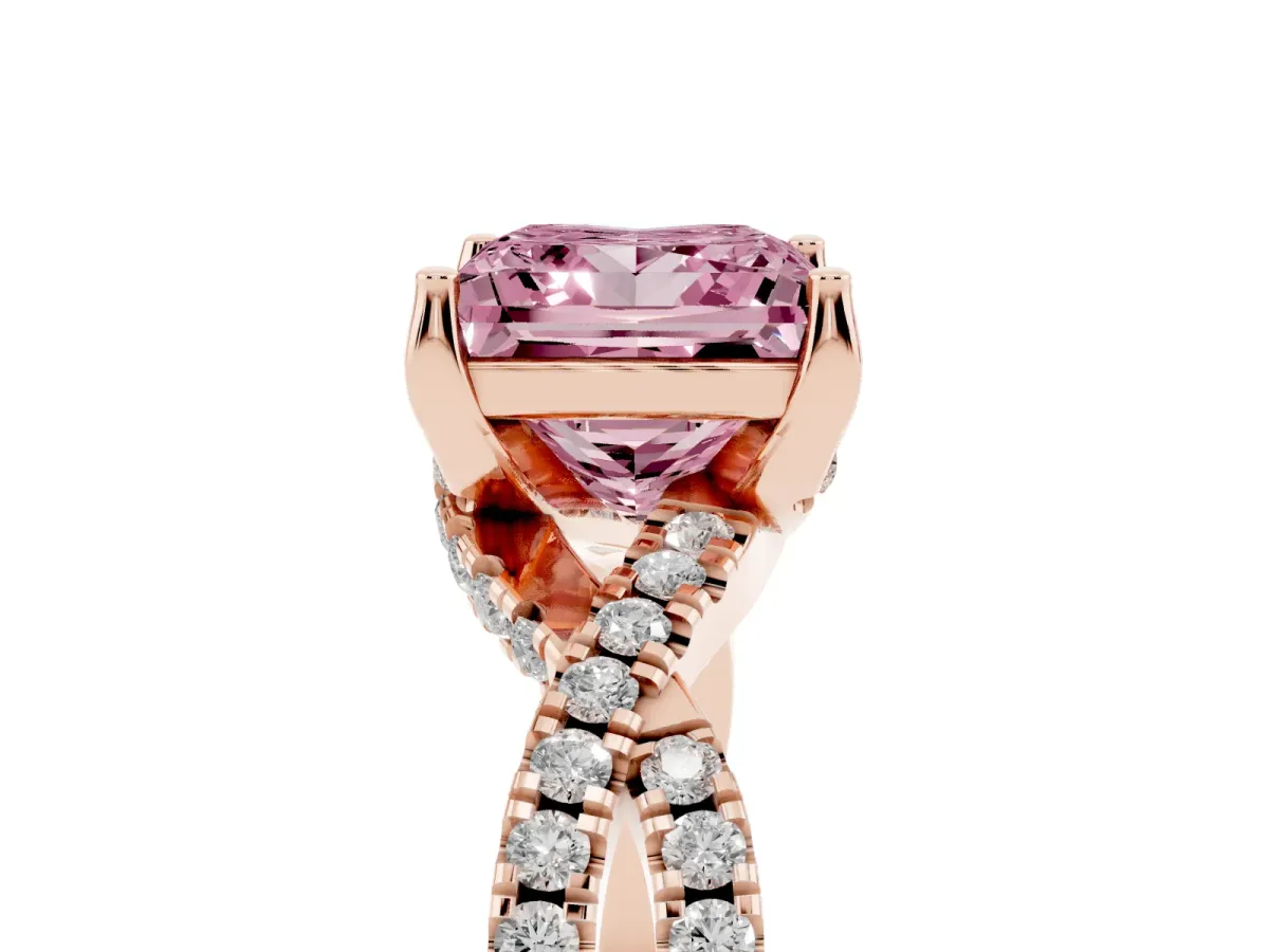 Fancy Pink Princess Cut Solitaire Twist Pave Diamond Engagement Ring with Prong Setting Rose gold