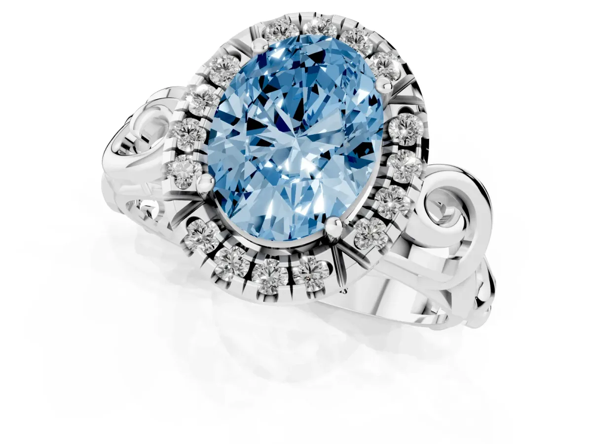 Fancy Blue Oval Cut Cut Halo Diamond Ring with Scrollwork Band and Four-Prong Setting Silver