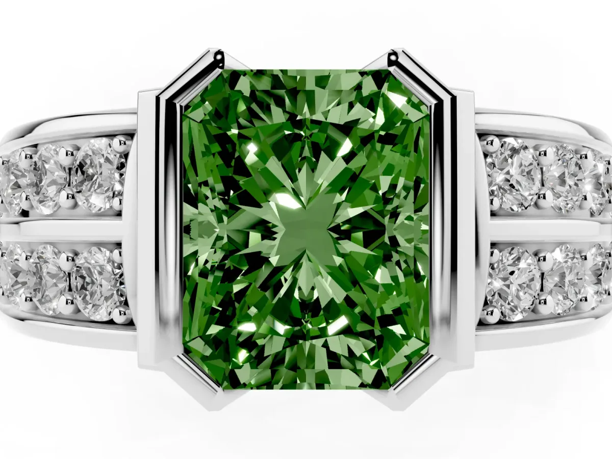 Fancy Green Radiant Cut Brilliant Diamond Channel Set Wide Band Ring with Bezel Setting Silver