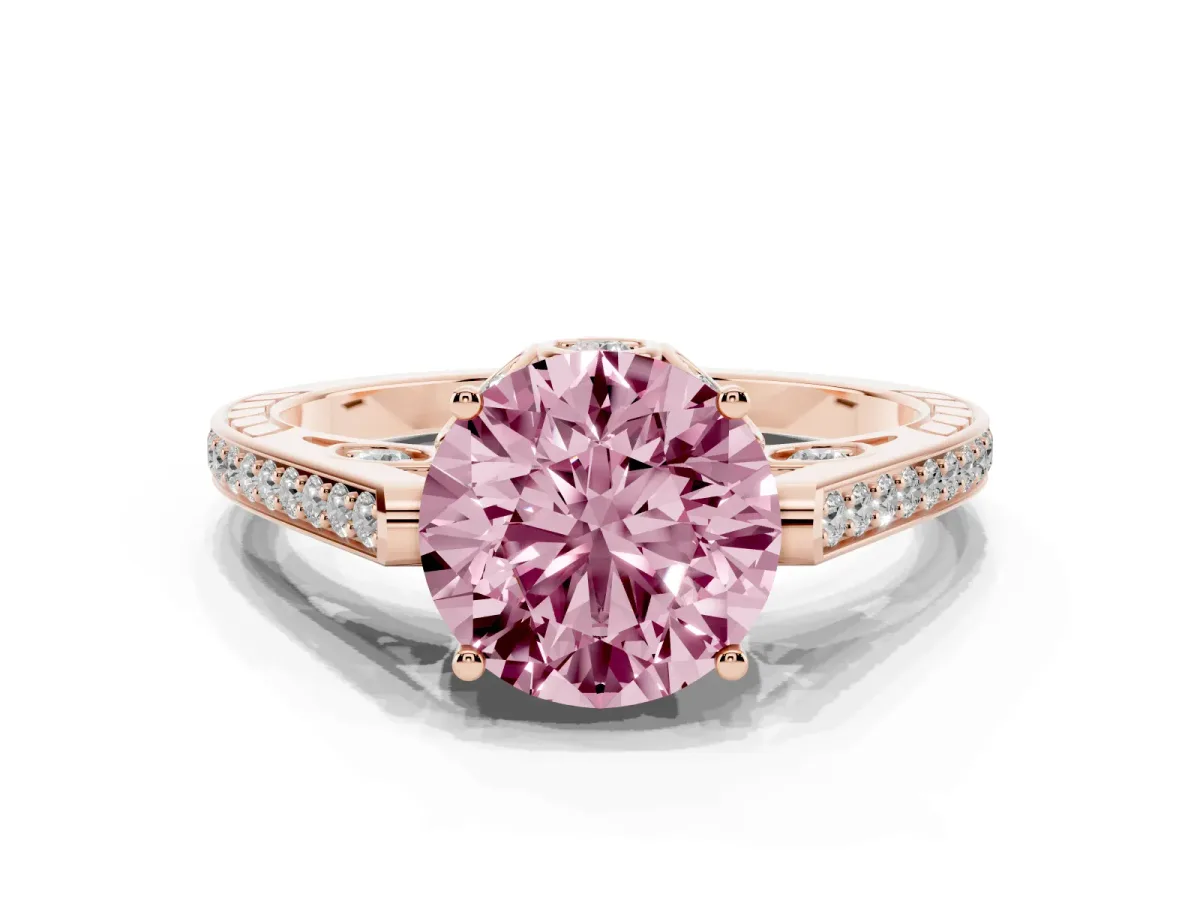Fancy Pink Round Cut Cut Cathedral Pave Diamond Engagement Ring with Six-Prong Setting Rose gold
