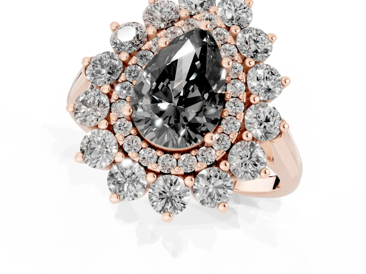 Fancy Black Pear Cut Diamond Floral Double Halo Engagement Ring with Prong Setting Rose gold
