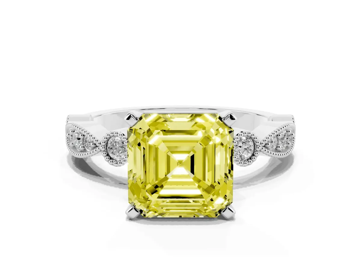Fancy Yellow Asscher Cut Milgrain Bezel Diamond Engagement Ring with Solitaire Prong Setting Platinum