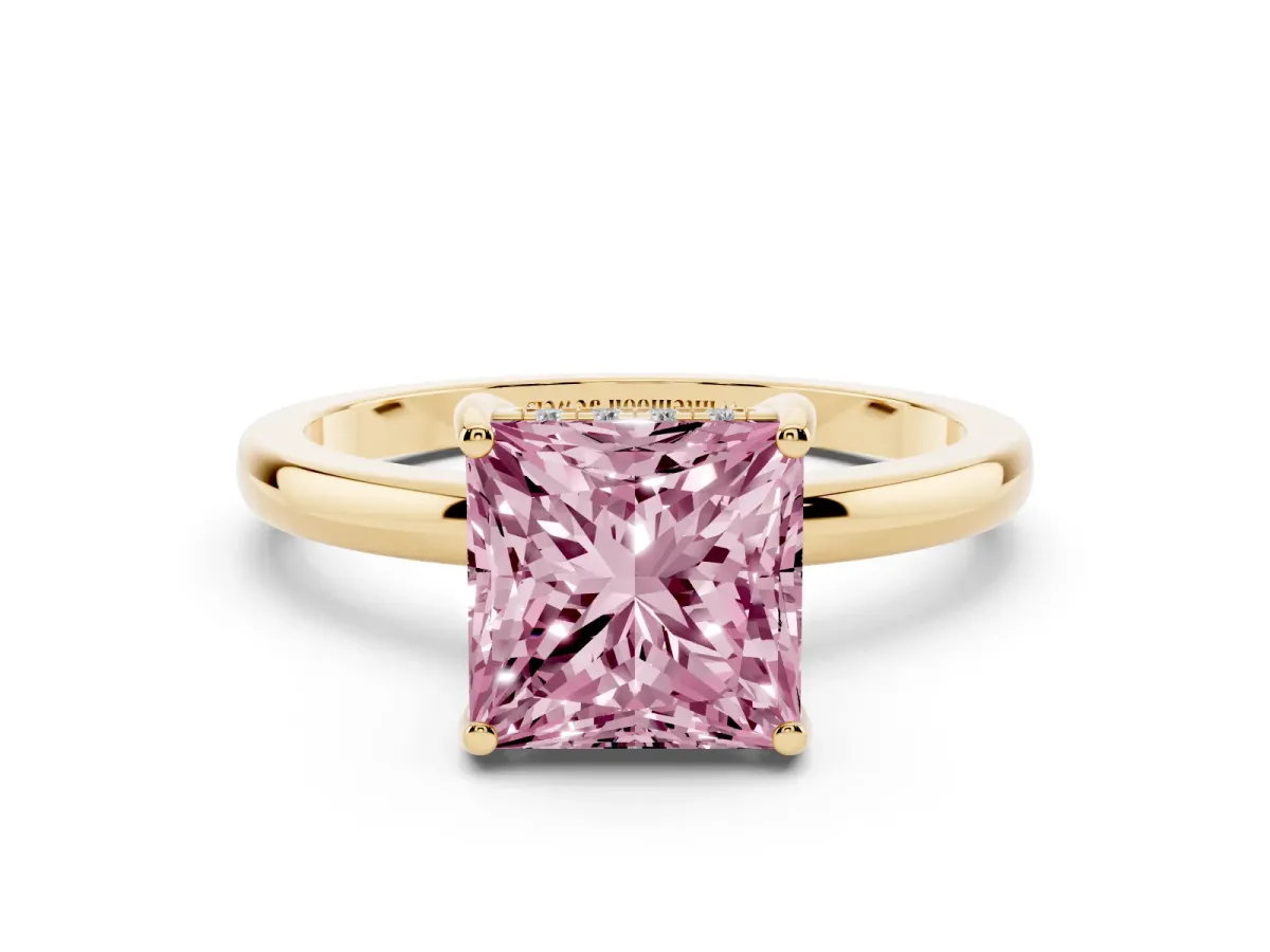 Fancy Pink Princess Cut Solitaire Diamond Ring with Prong Setting and Plain Band Yellow gold