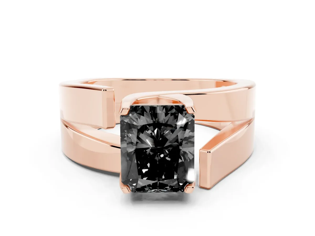 Fancy Black Modern Tension Set Radiant Cut Diamond Solitaire Wide Band Ring Rose gold