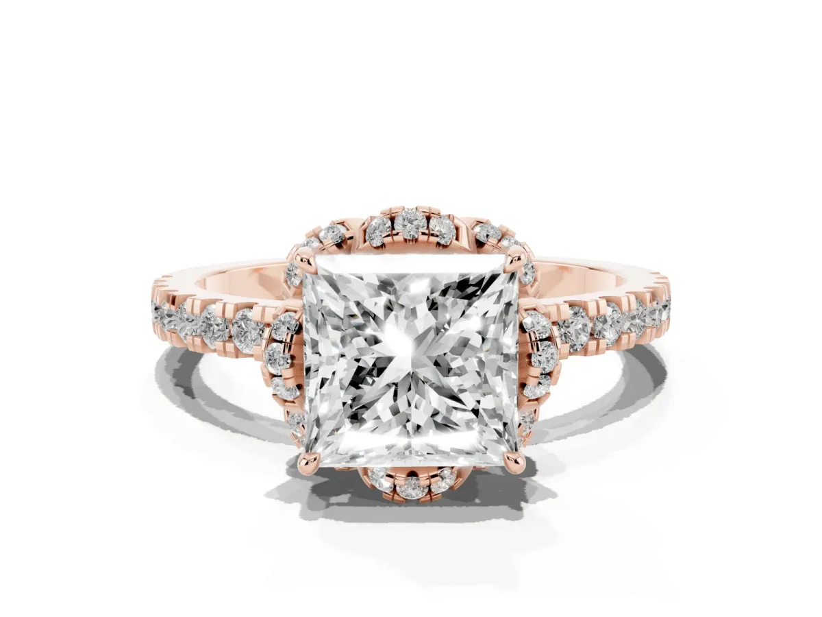 Princess Cut Halo Diamond Pave Band Ring with Four-Prong Setting Rose gold
