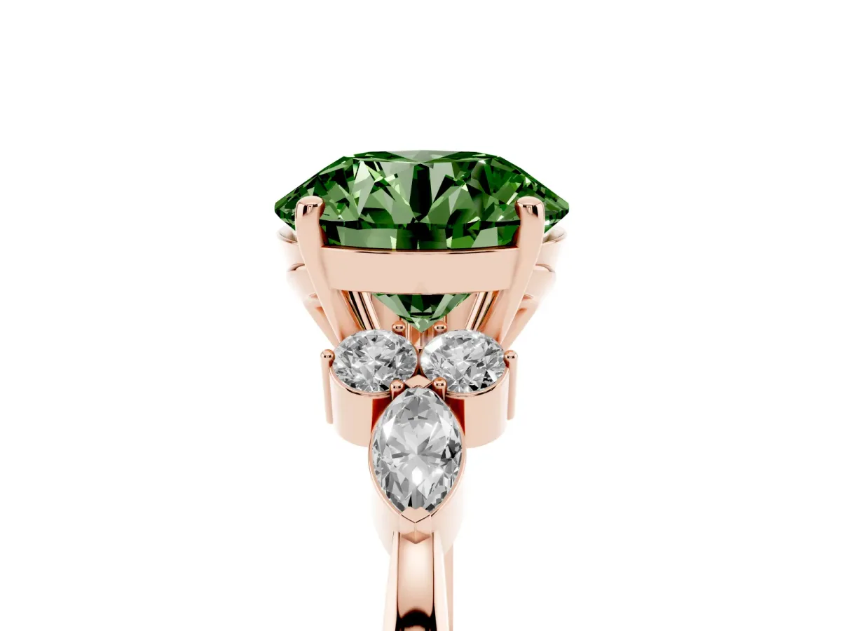 Fancy Green Round Cut Brilliant Diamond Solitaire Ring with Pear Side Stones and Four-Prong Setting Rose gold
