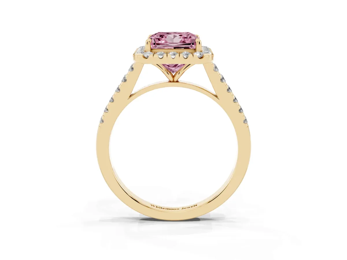 Fancy Pink Princess Cut Halo Pave Diamond Engagement Ring with Four-Prong Setting Yellow gold