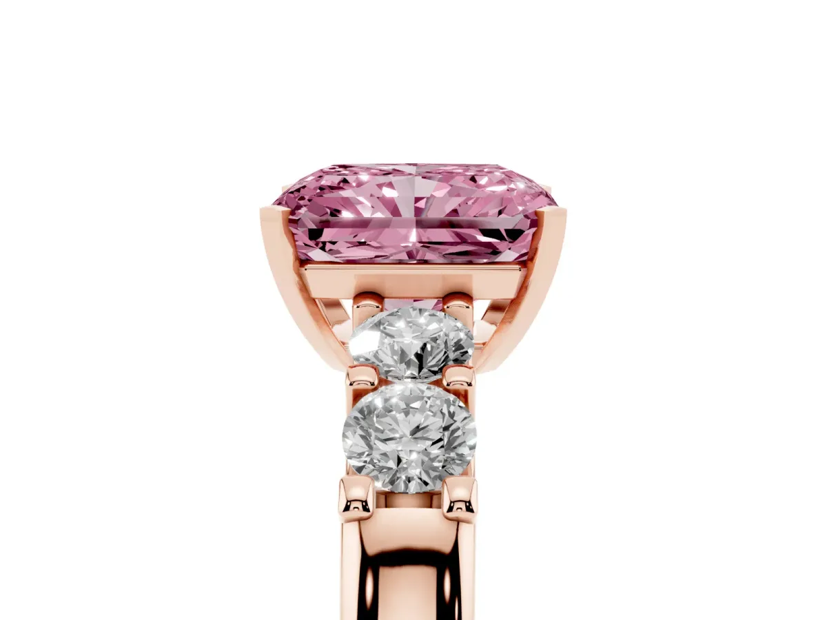 Fancy Pink Radiant Cut Brilliant Cut Diamond Five-Stone Prong Set Engagement Ring with Channel Band Rose gold