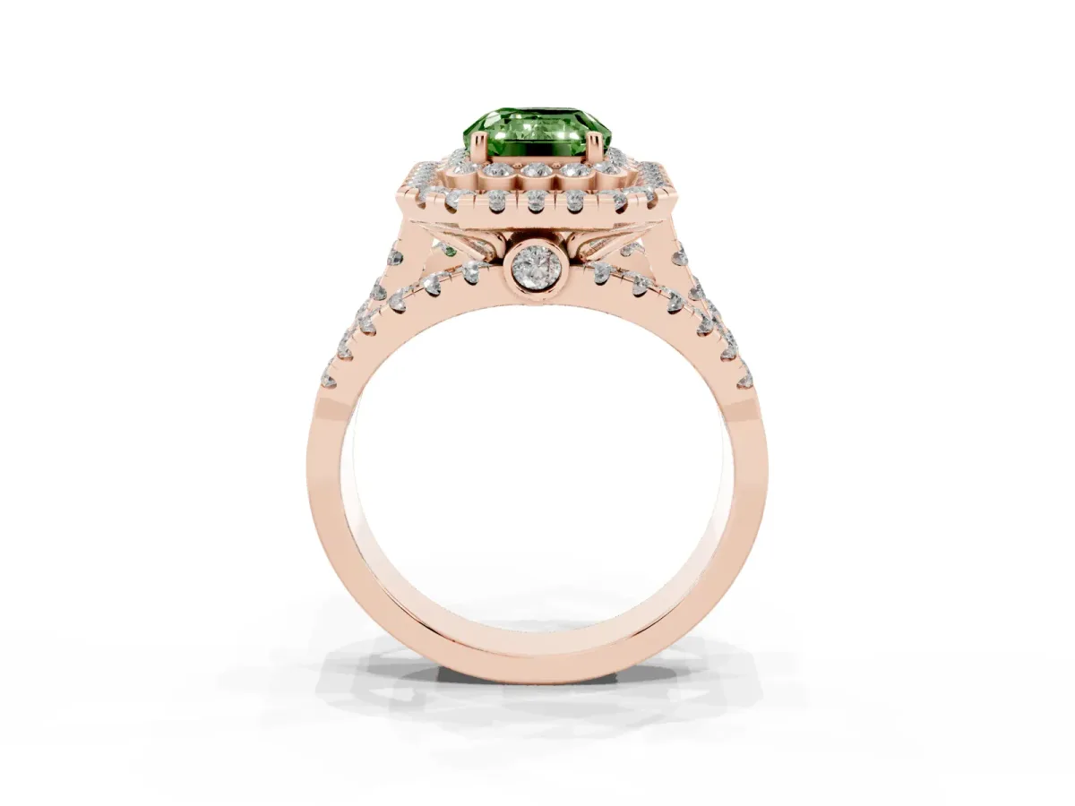 Fancy Green Emerald Cut Diamond Double Halo Ring with Round Pavé Split Shank and Prong Setting Rose gold
