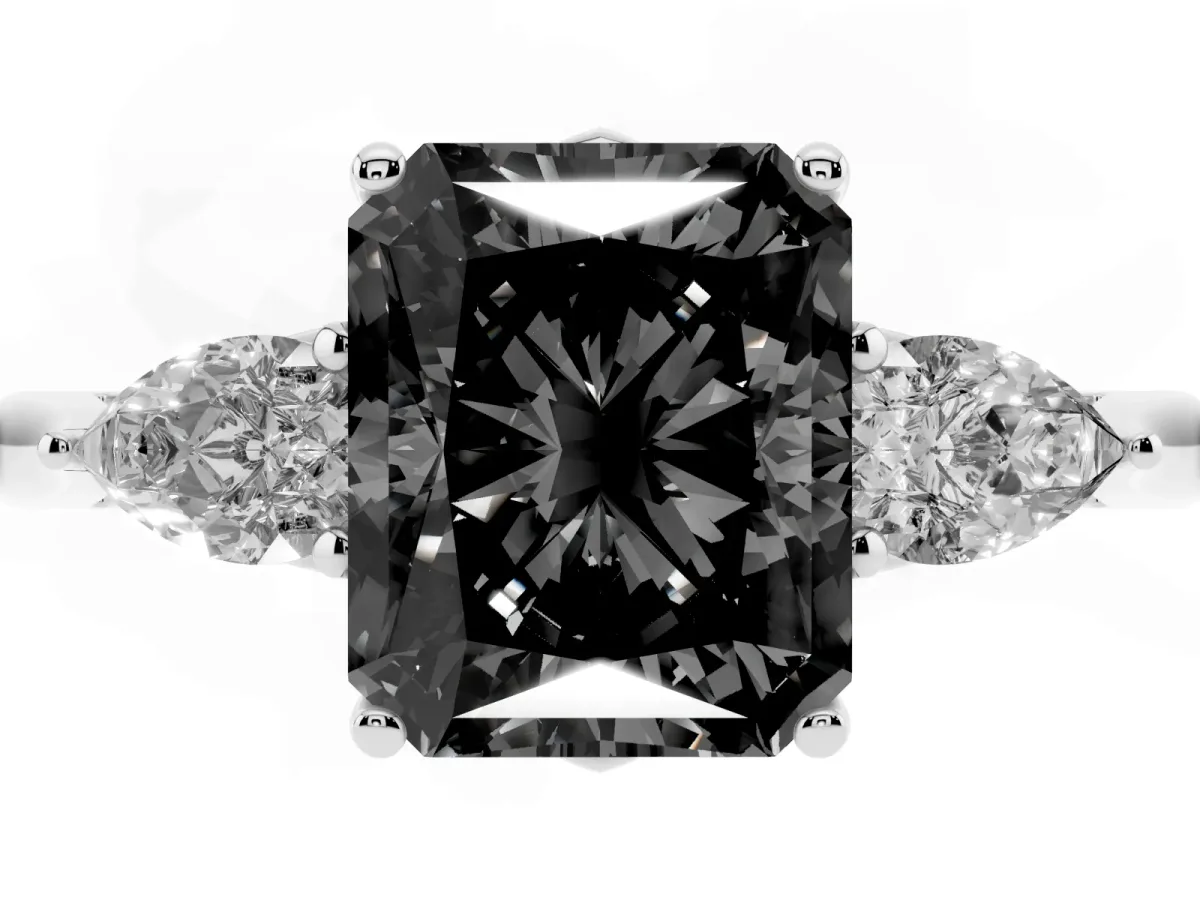 Fancy Black Three-Stone Radiant Cut Brilliant Diamond Solitaire Ring with Tapered Band and Four-Prong Setting Silver