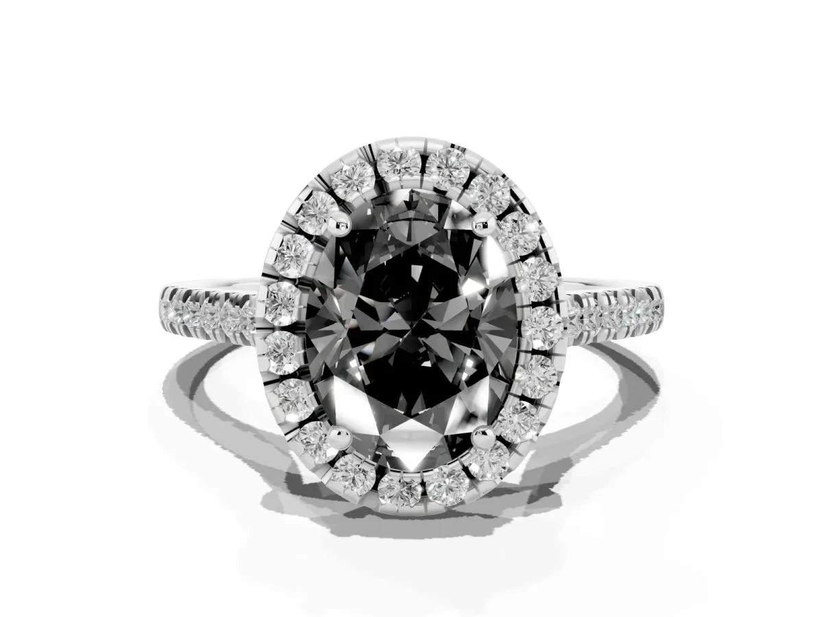 Fancy Black Oval Cut Diamond Cushion Halo Ring with Pavé Band Silver