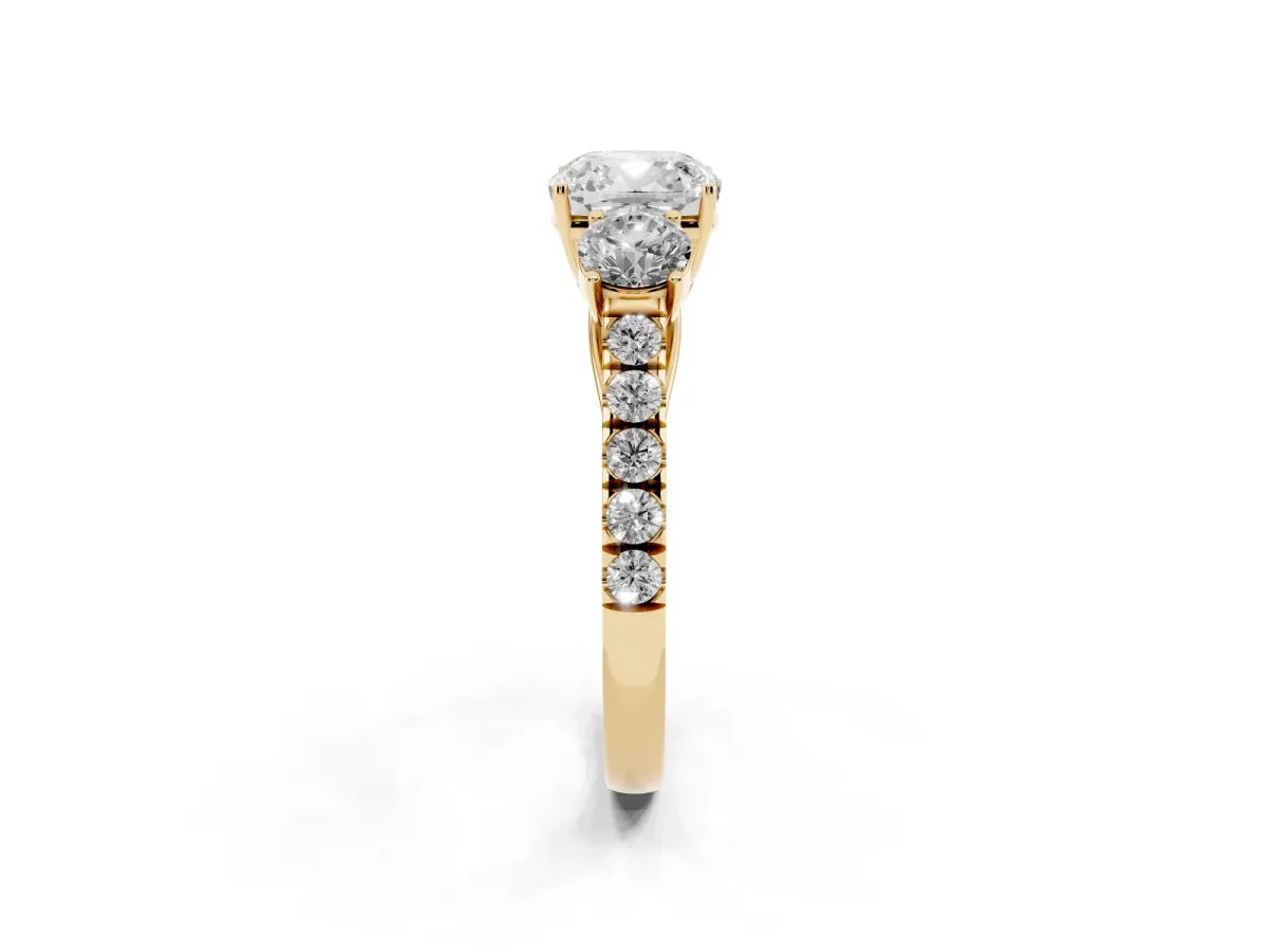 Cushion Cut Cut Diamond Three-Stone Ring with Round Side Stones and Pavé Band Yellow gold