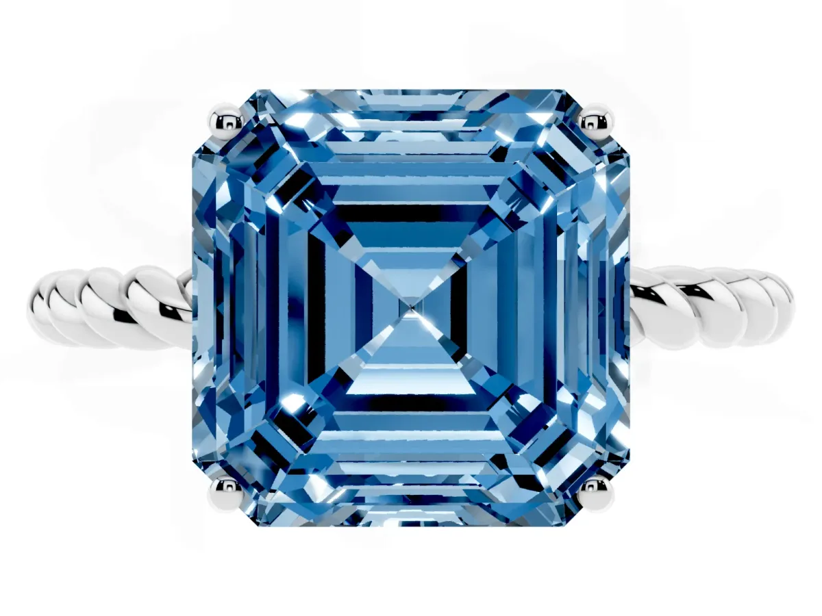 Fancy Blue Asscher Cut Solitaire Twisted Band 4-Prong Ring Silver