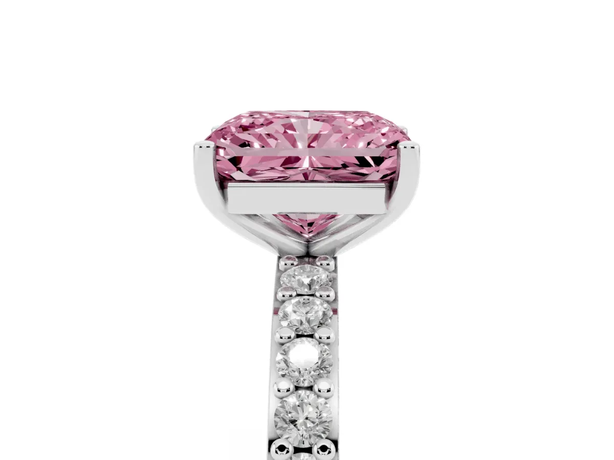 Fancy Pink Radiant Cut Cut Diamond Solitaire with Pave Band and Four-Prong Setting Platinum