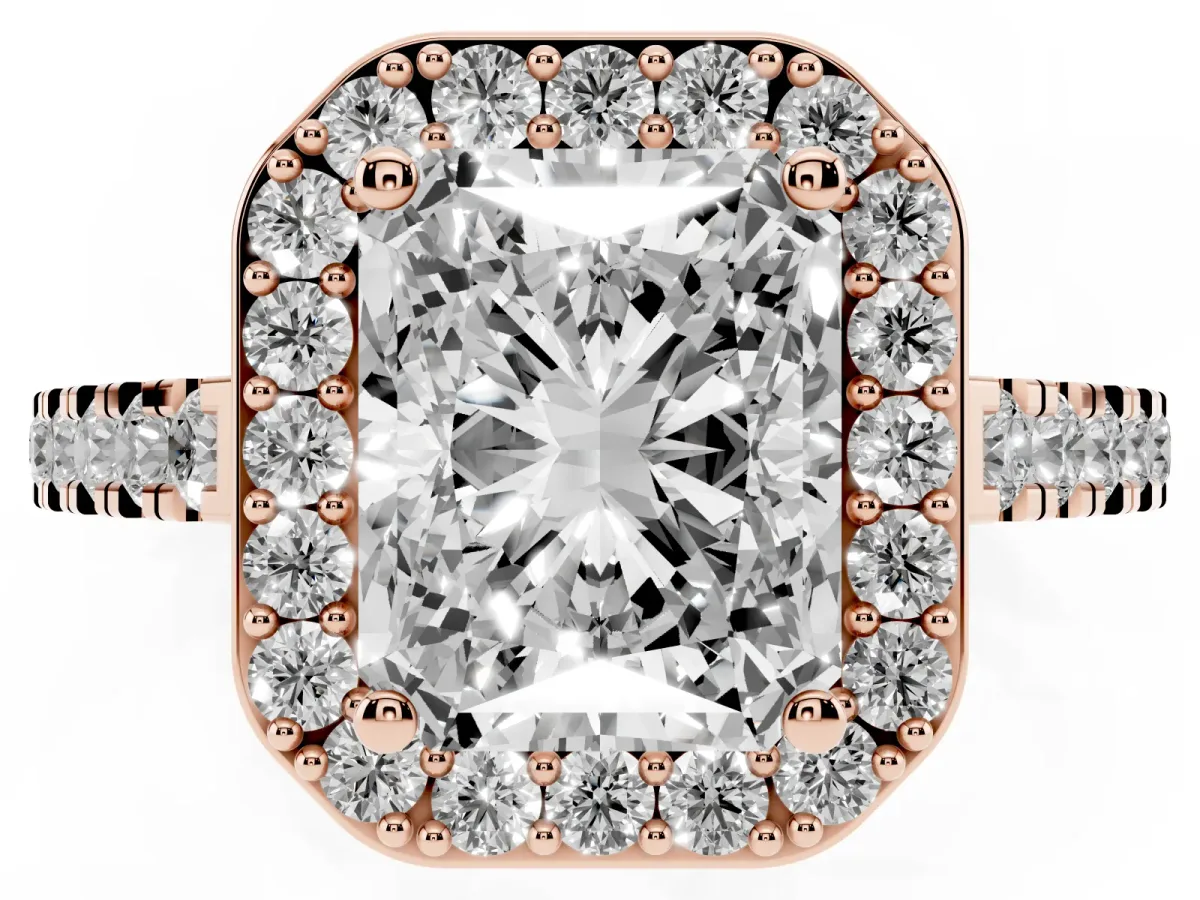 Radiant Cut Diamond Halo Ring with Round Pavé Split Shank and Prong Setting Rose gold