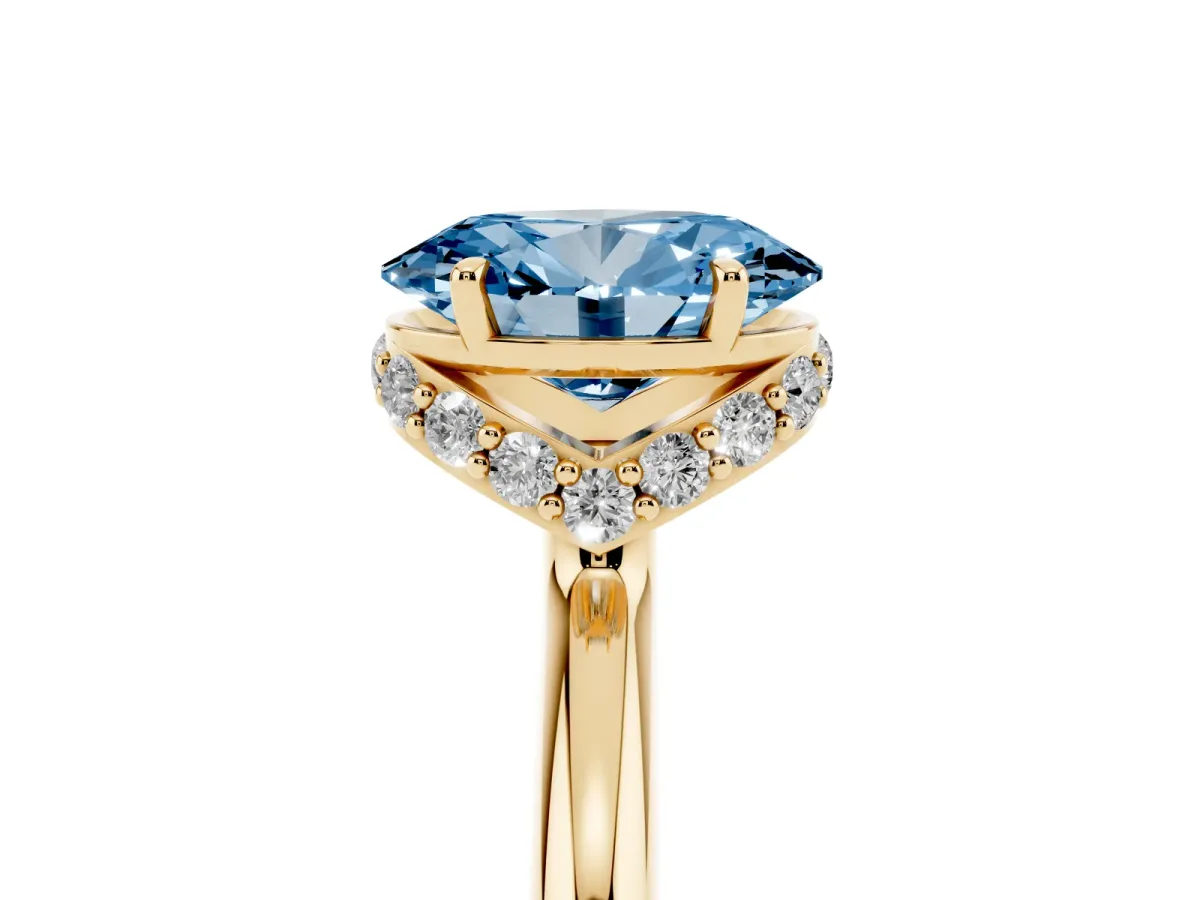 Fancy Blue Oval Cut Brilliant Solitaire Engagement Ring with Six-Prong Setting and Classic Band Yellow gold