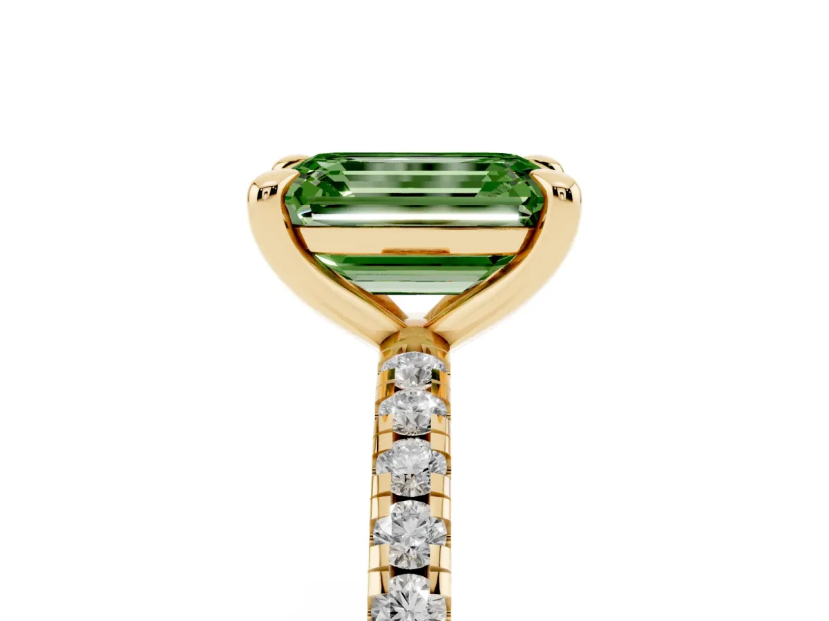 Fancy Green Emerald Cut Diamond Brilliant Solitaire Ring with Pavé Band and Four-Prong Setting Yellow gold