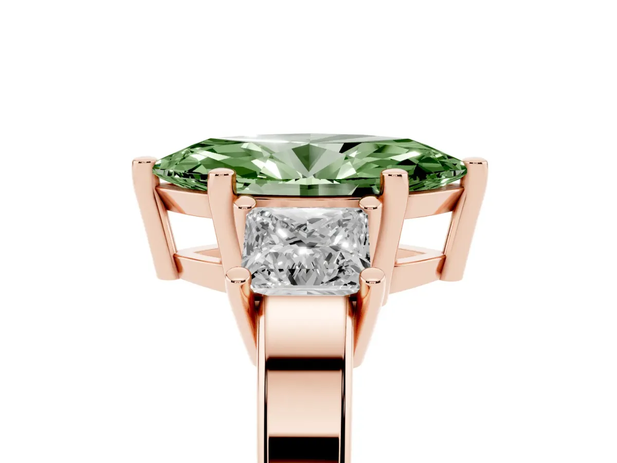 Fancy Green Three-Stone Marquise Cut Cut Solitaire Ring with Prong Setting Rose gold