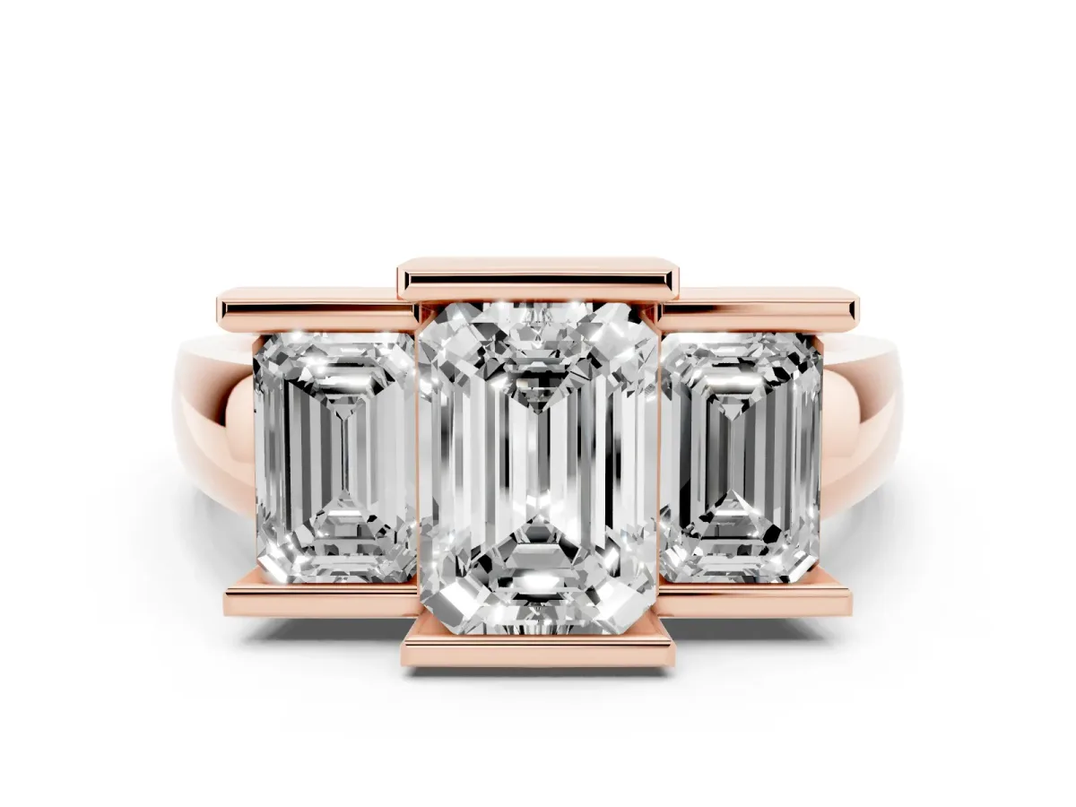 Three Stone Emerald Cut Cut Channel Set Diamond Ring Rose gold