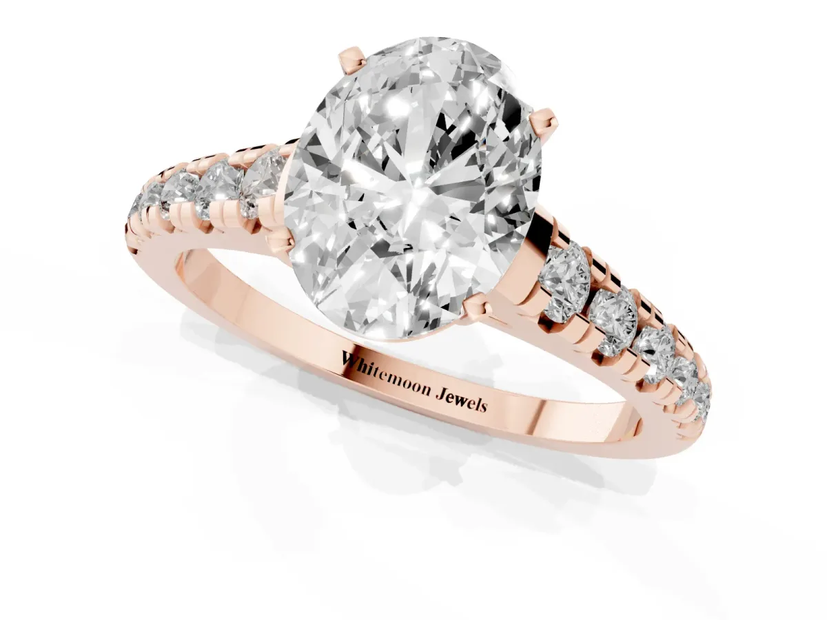 Oval Cut Diamond Cathedral Solitaire Ring with Round Pavé Band Rose gold