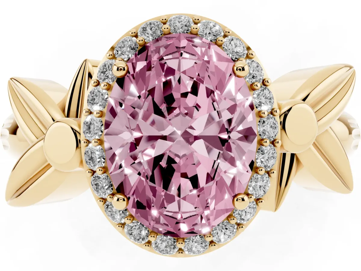 Fancy Pink Oval Cut Halo Diamond Floral Band with Four-Prong Setting Yellow gold