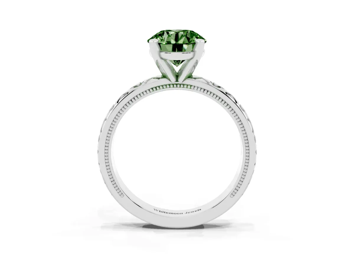 Fancy Green Round Cut Solitaire Diamond Engagement Ring with XO Engraved Band and Four-Prong Setting Platinum