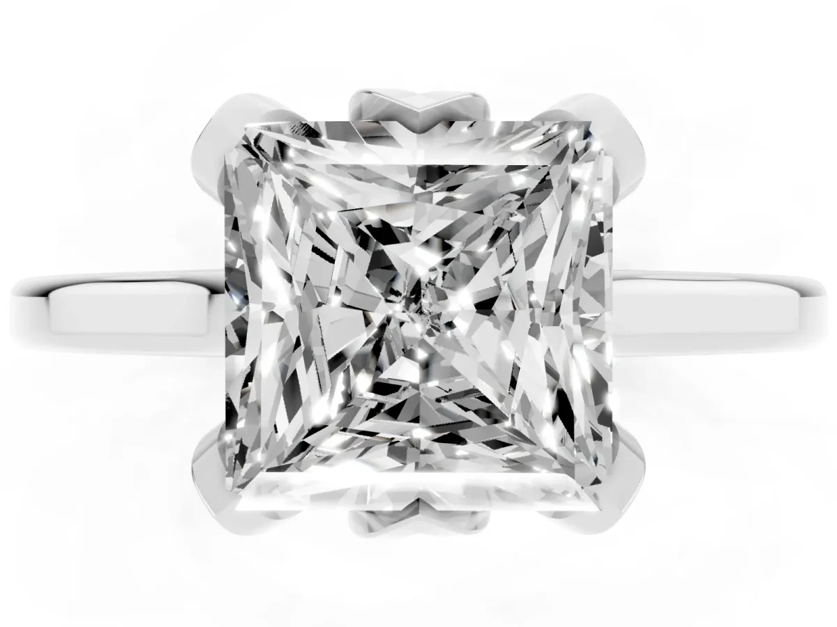 Princess Cut Diamond Solitaire Ring with Flower Prong Setting and Classic Band Silver