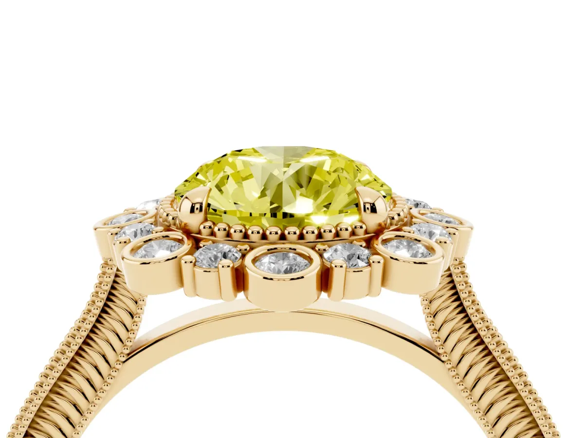 Fancy Yellow Round Cut Halo Milgrain Pave Diamond Ring with Four-Prong Setting Yellow gold