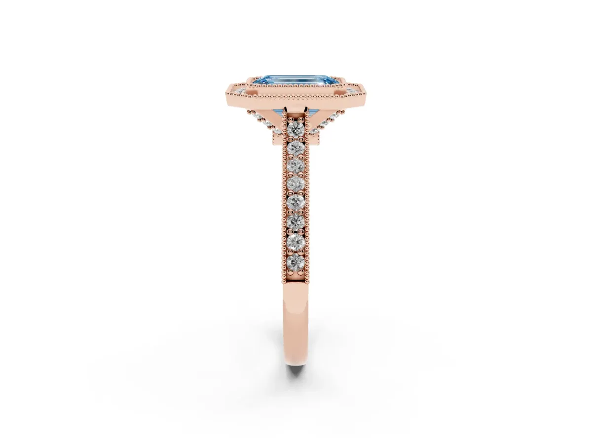 Fancy Blue Halo Emerald Cut-Cut Diamond Pave Band Milgrain Prong Setting Ring Rose gold