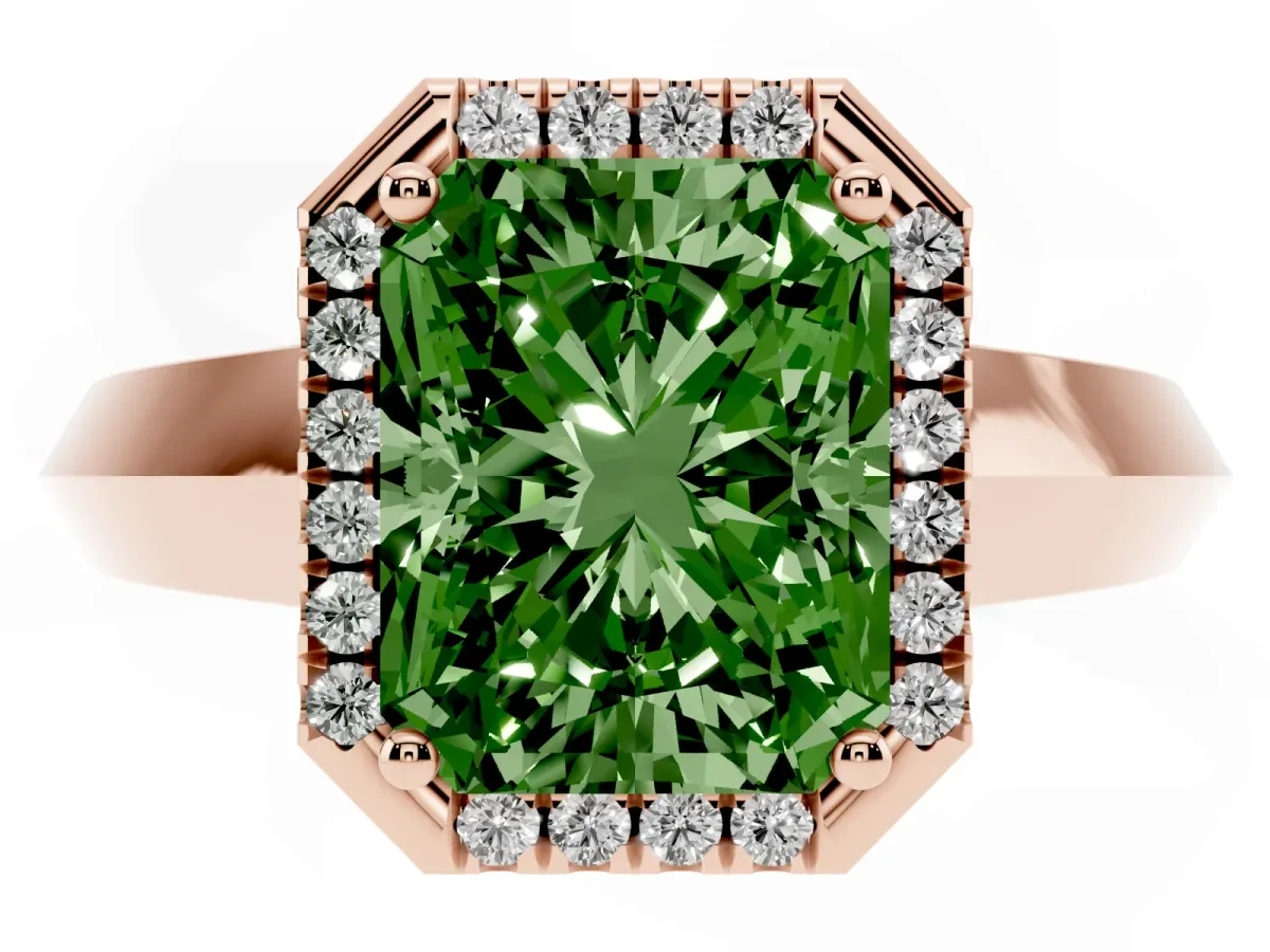 Fancy Green Radiant Cut Halo Diamond Ring with Cathedral Band and Four-Prong Setting Rose gold