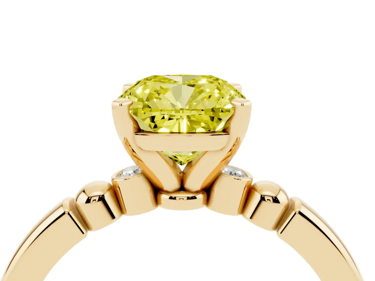Fancy Yellow Cushion Cut Solitaire Beaded Band with Four-Prong Setting Yellow gold