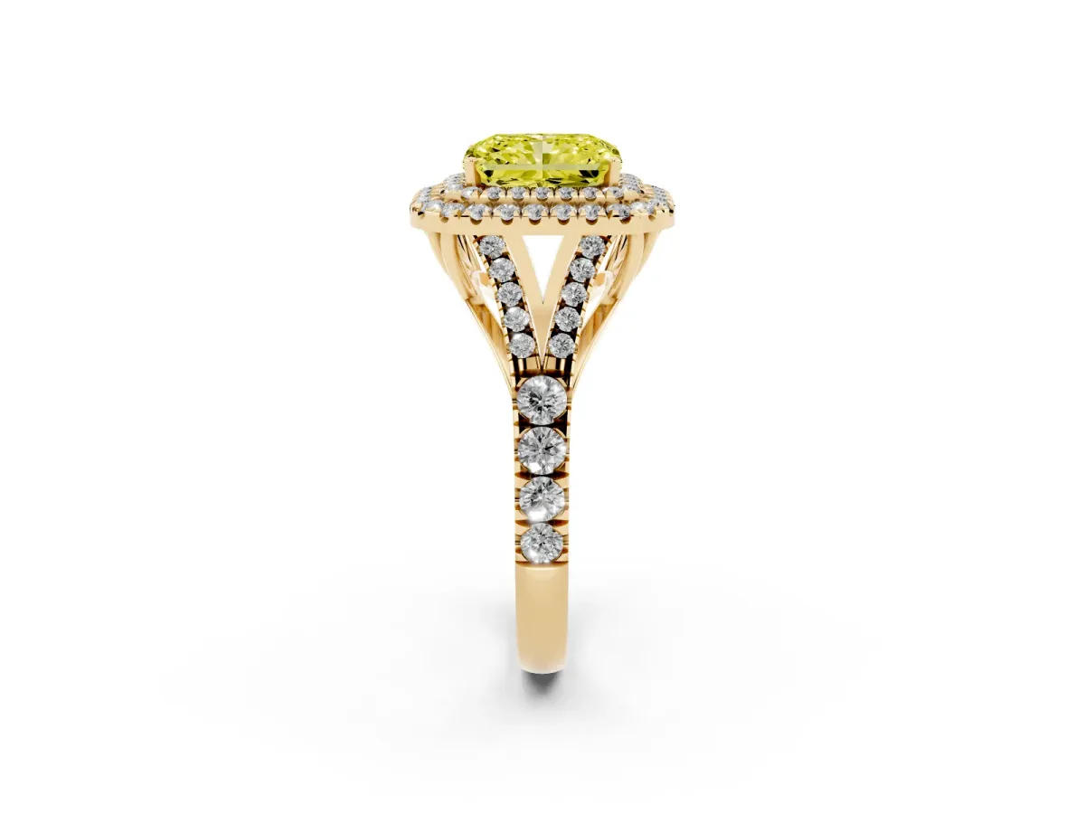 Fancy Yellow Double Halo Radiant Cut Diamond Split Shank Engagement Ring with Four-Prong Setting Yellow gold