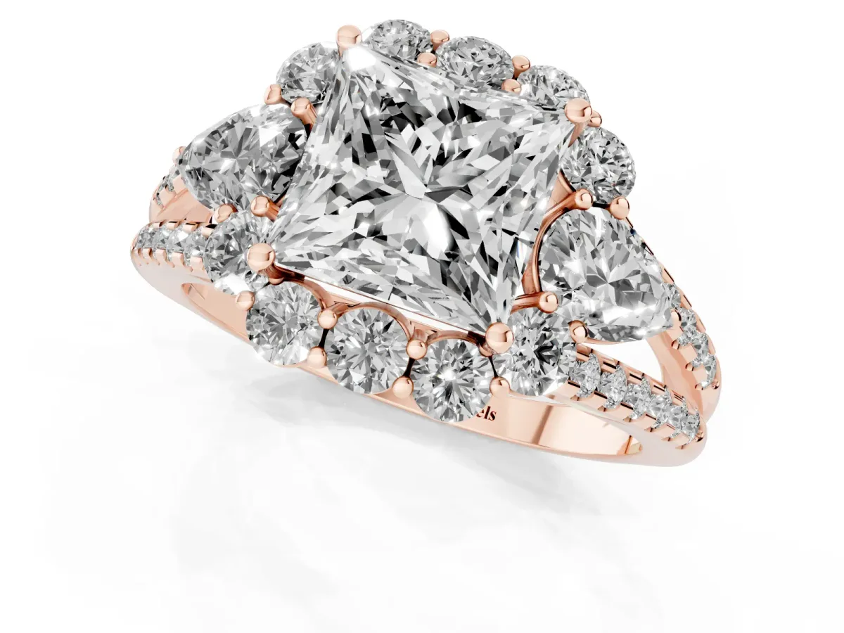 Princess Cut Halo Split Shank Diamond Engagement Ring with Prong Setting Rose gold