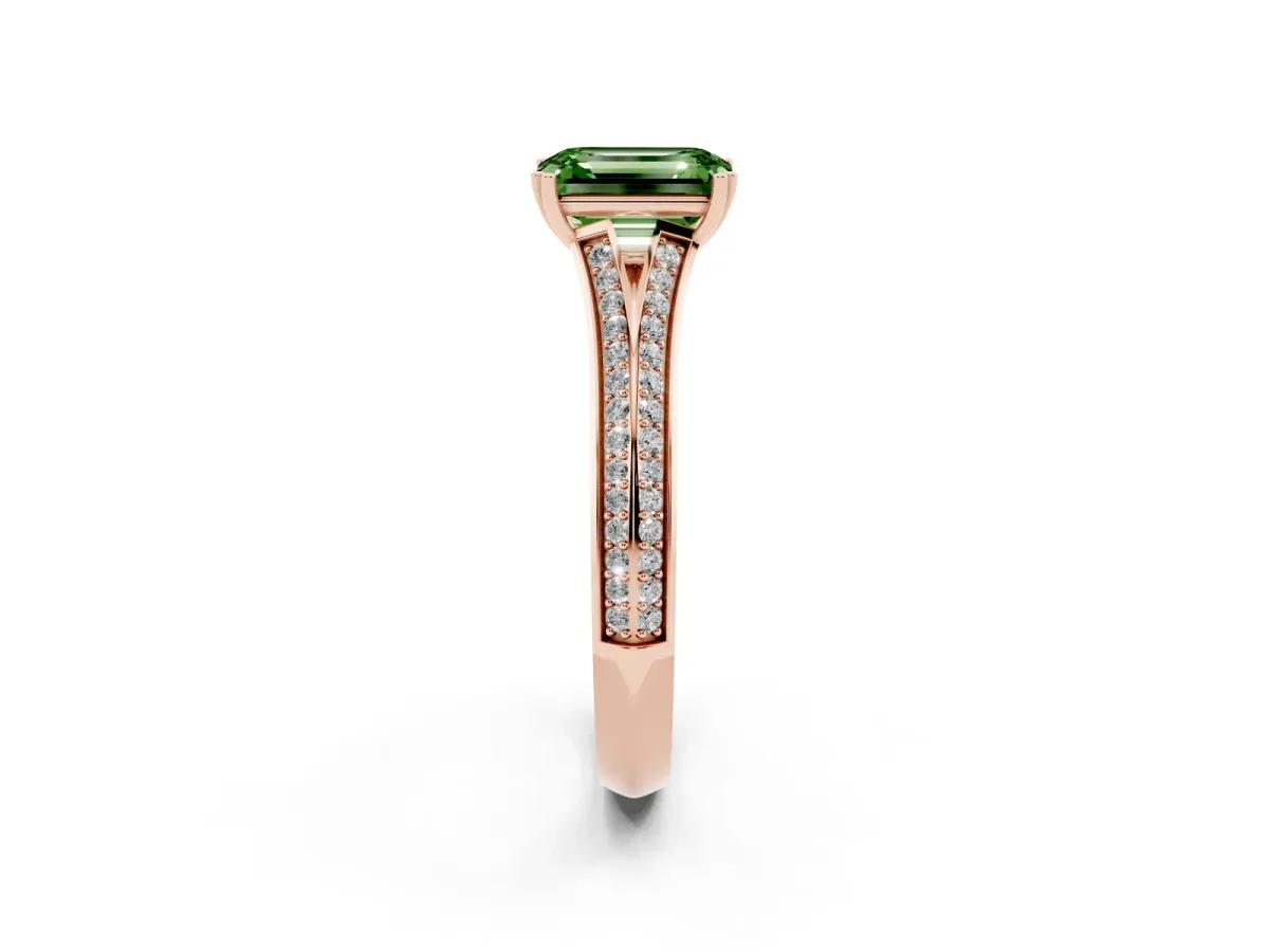 Fancy Green Emerald Cut Diamond Split Shank Engagement Ring with Pavé Band Rose gold