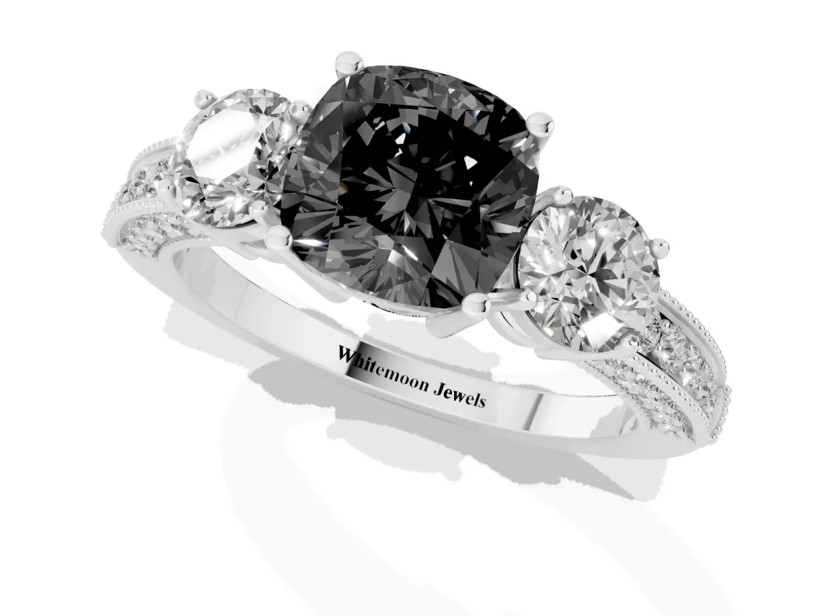 Fancy Black Cushion Cut Three-Stone Diamond Ring with Pavé Band and Four-Prong Setting Silver