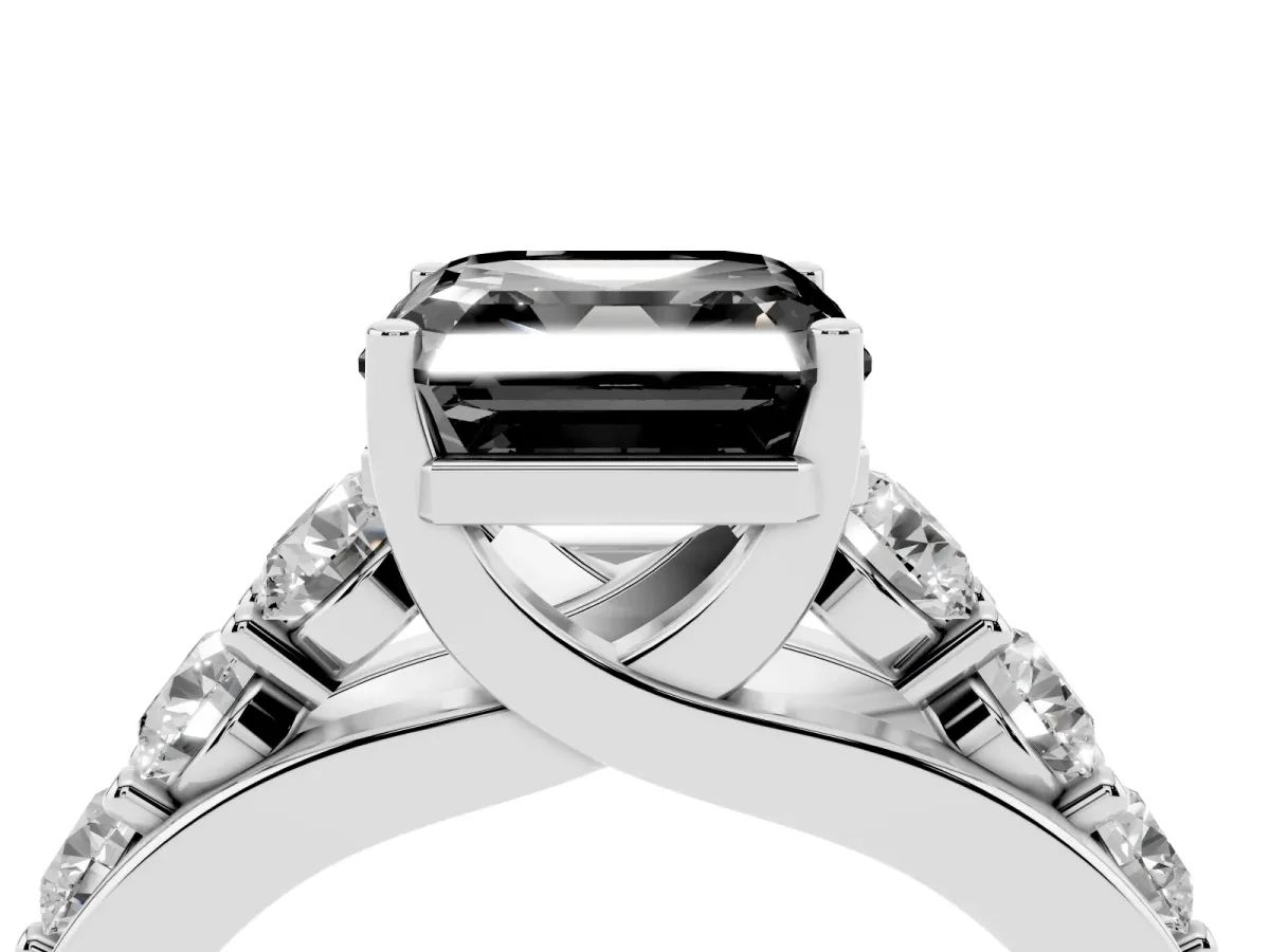 Fancy Black Asscher Cut Diamond Engagement Ring with Pavé Band and Four-Prong Setting Platinum