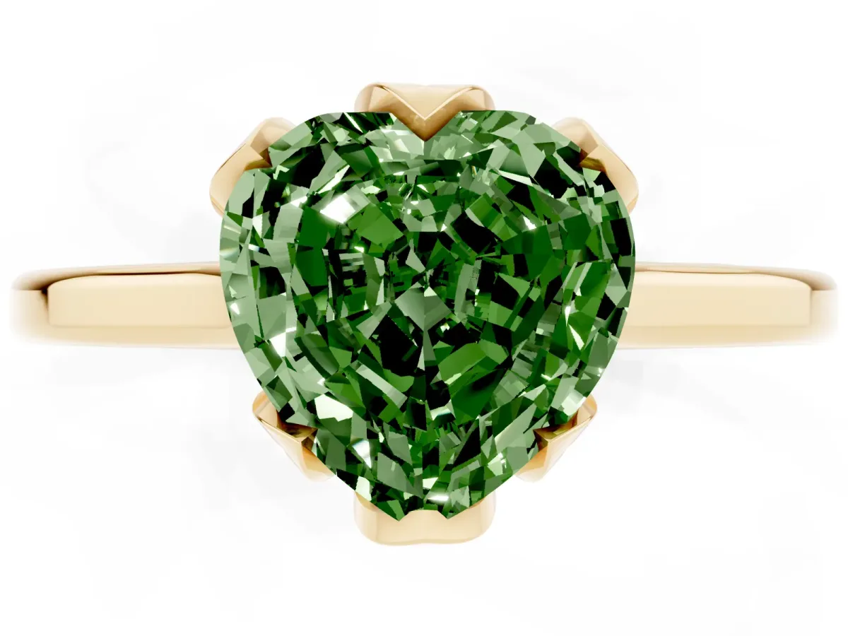 Fancy Green Heart Cut Diamond Solitaire Ring with Flower Prong Setting and Classic Band Yellow gold