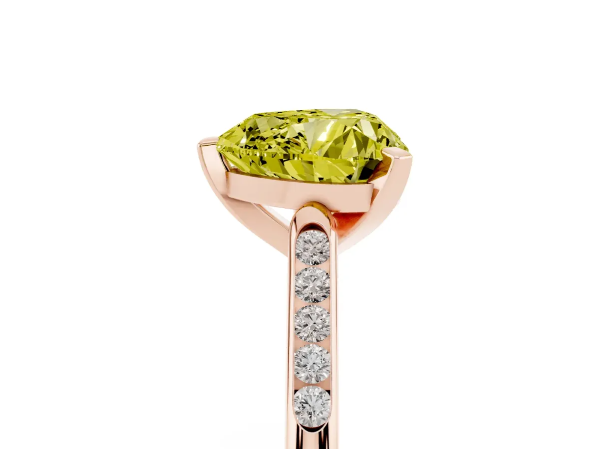 Fancy Yellow Heart Cut Diamond Solitaire Ring with Channel Set Round Band and Prong Setting Rose gold