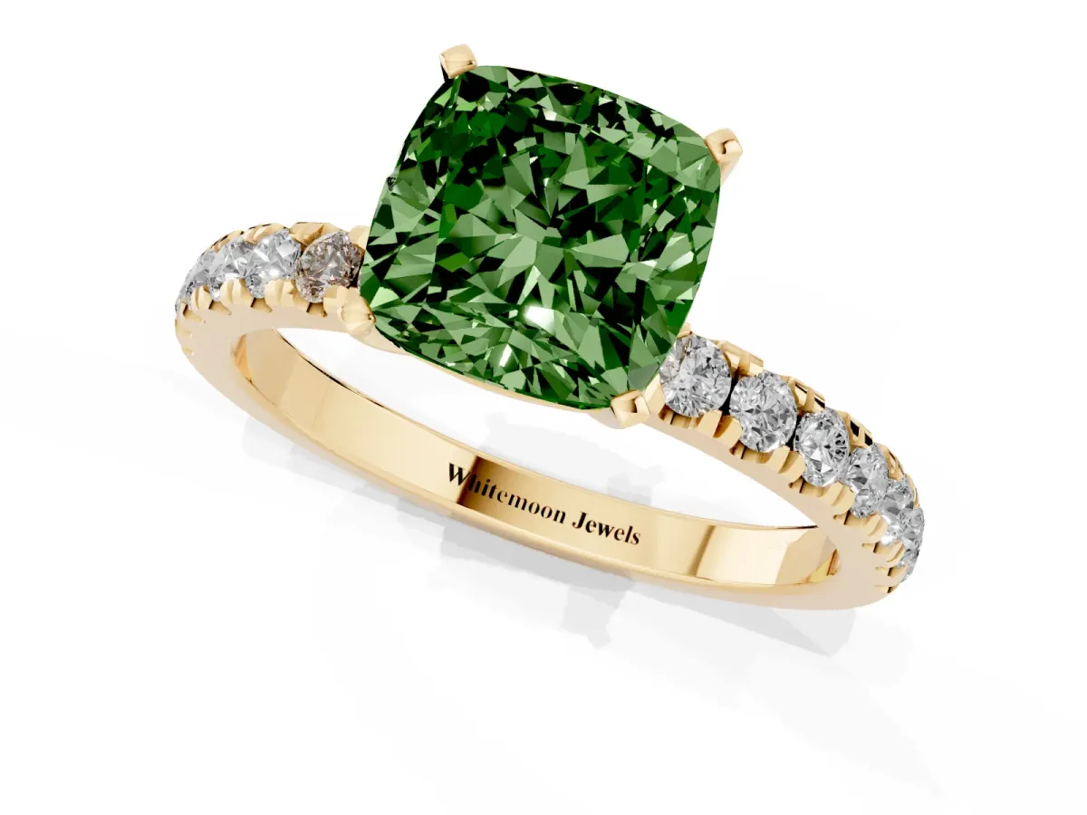 Fancy Green Cushion Cut Diamond Solitaire Ring with Pavé Accents and Four-Prong Setting Yellow gold