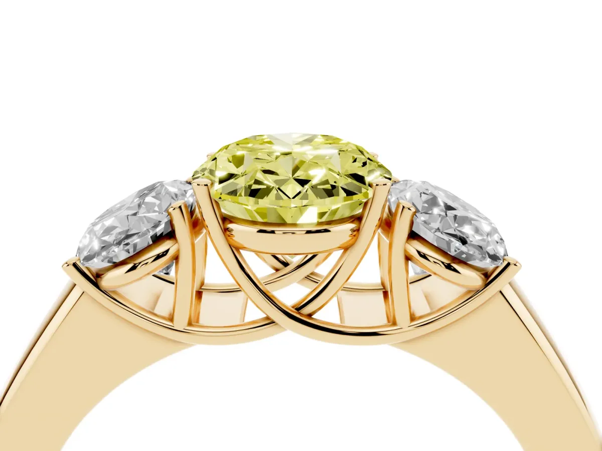 Fancy Yellow Three-Stone Oval Cut Cut Diamond Ring with Prong Setting and Classic Band Yellow gold